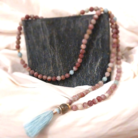 Silver & Sage - Mala Crystal Necklace Amazonite, Riverstone, Moonstone & Quartz - Picture 2 of 8